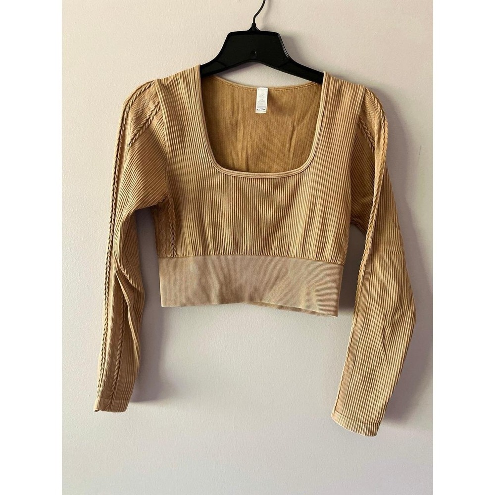 Offline by Aerie Cable Square Neck Long Sleeve Crop Top Tan Medium